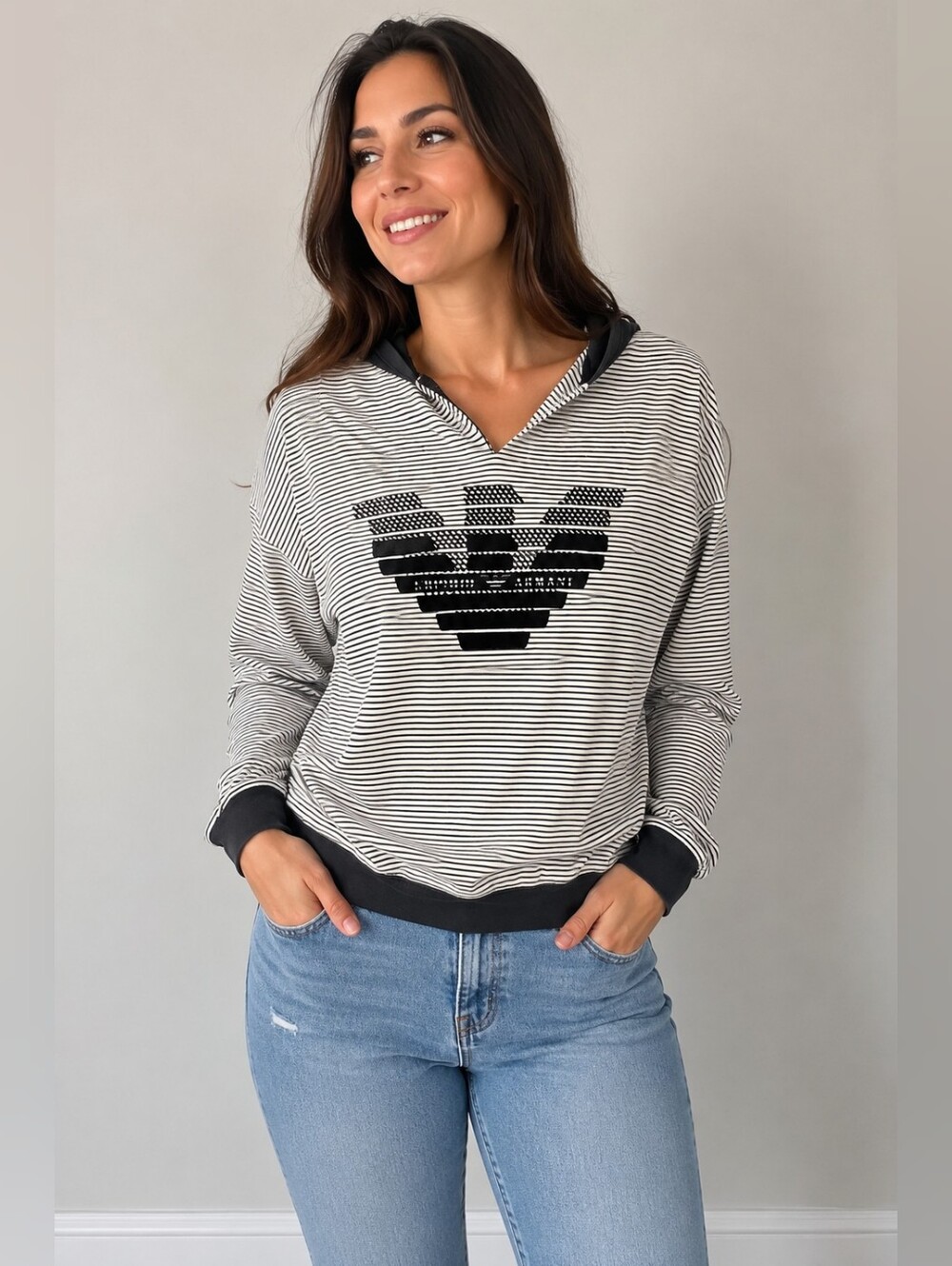 Emporio Armani Striped Logo Hoodie Pullover Black White Sz M Rare Eagle Logo